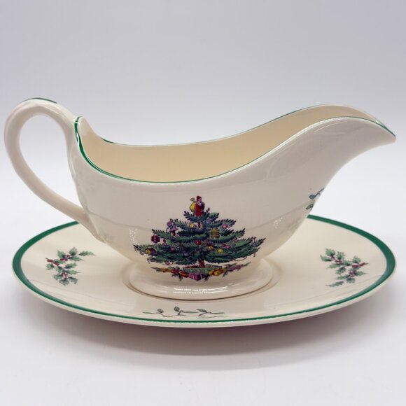Spode Christmas Tree Gravy Sauce Boat Under Plate 2-Piece Set - Picture 2 of 11